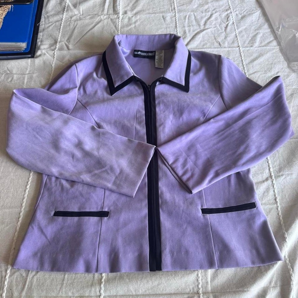 Sag Harbor Dress purple polyester & spandex blazer with black trim, size 14